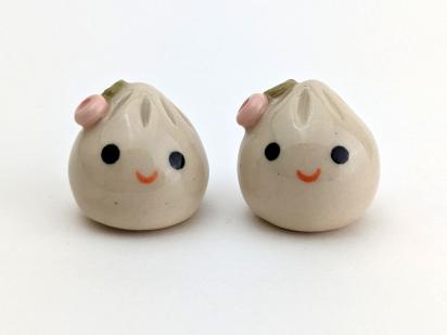 Two cute handmade ceramic dumplings w flowers. Happy soup dumplings. Foodie gift. Xiao long bao. Small-batch ceramics. Hand-painted pottery.