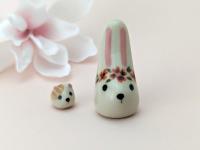 Cute handmade ceramic bunny figurine with flower crown. Small rabbit decor. Small-batch ceramics. Hand-painted pottery.  Easter gift.