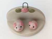 Cute, miniature ceramic altar shelf w/ pigs. Adorable handmade flower shelf 3 piece set. Small-batch ceramics. Hand-painted pottery.