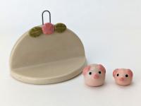 Cute, miniature ceramic altar shelf w/ pigs. Adorable handmade flower shelf 3 piece set. Small-batch ceramics. Hand-painted pottery.