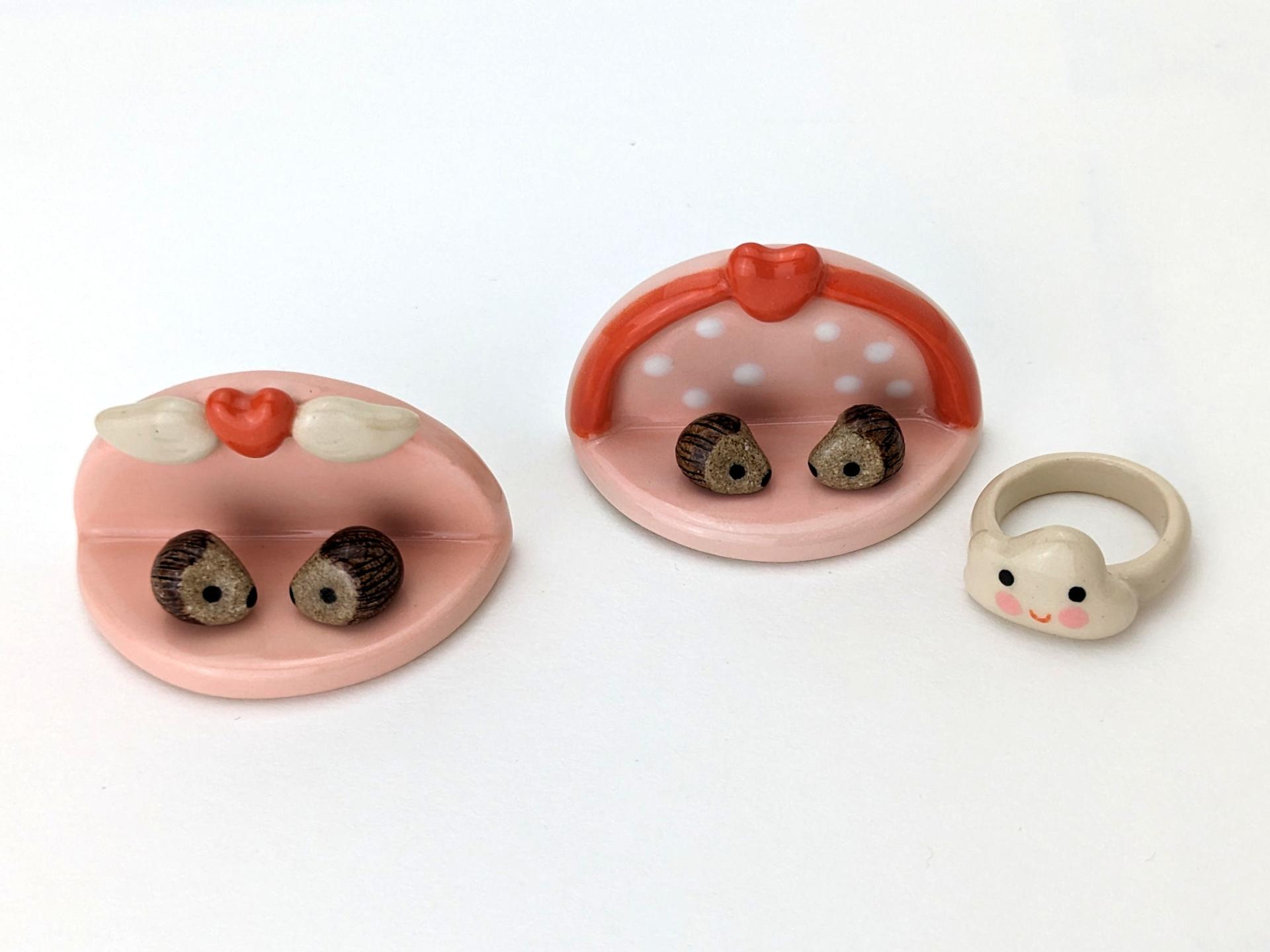 Cute, miniature ceramic altar shelf w/ hedgehogs. Adorable handmade heart w/ wings 3 piece set. Small-batch ceramics. Hand-painted pottery.