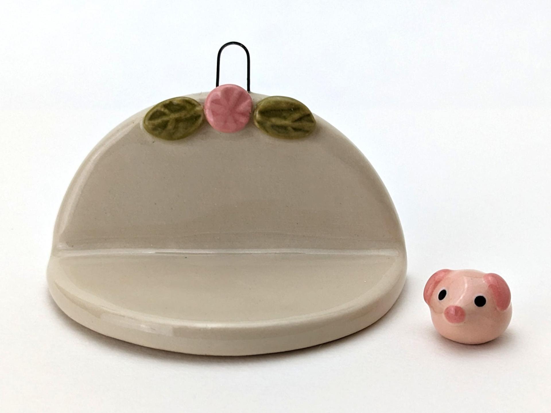 Cute, miniature ceramic altar shelf w/ pigs. Adorable handmade flower shelf 3 piece set. Small-batch ceramics. Hand-painted pottery.