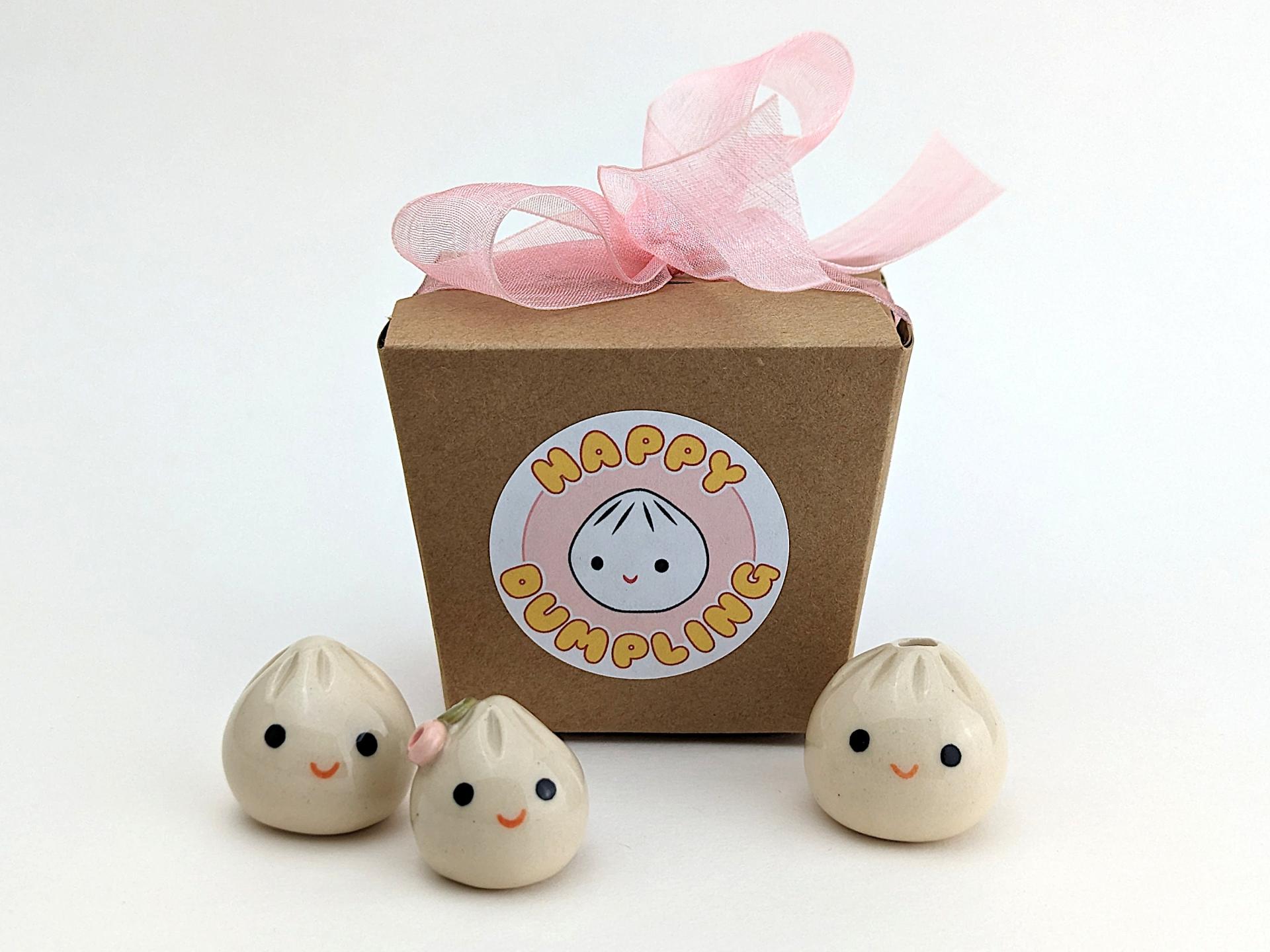 Two cute handmade ceramic dumplings w flowers. Happy soup dumplings. Foodie gift. Xiao long bao. Small-batch ceramics. Hand-painted pottery.