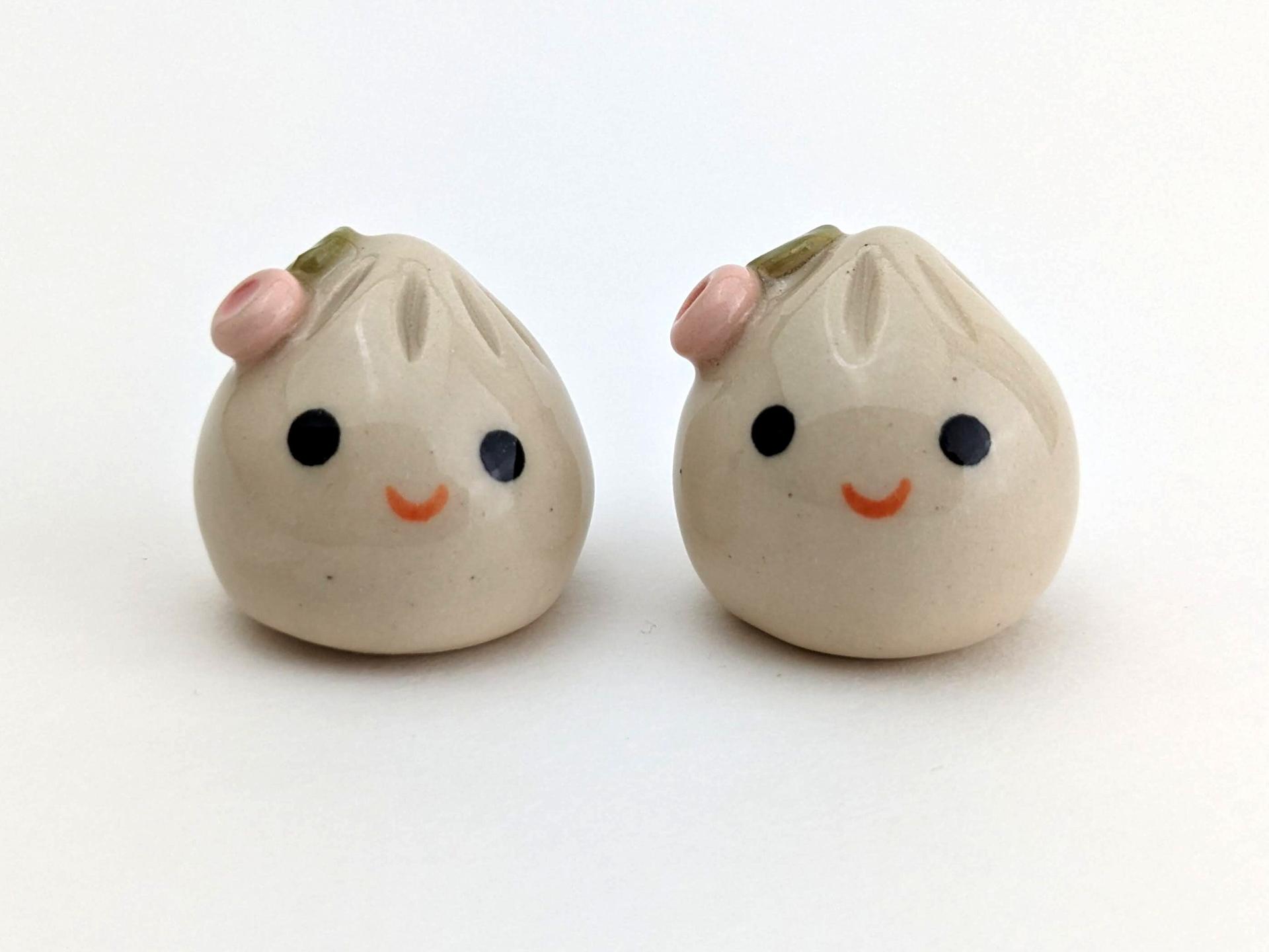 Two cute handmade ceramic dumplings w flowers. Happy soup dumplings. Foodie gift. Xiao long bao. Small-batch ceramics. Hand-painted pottery.