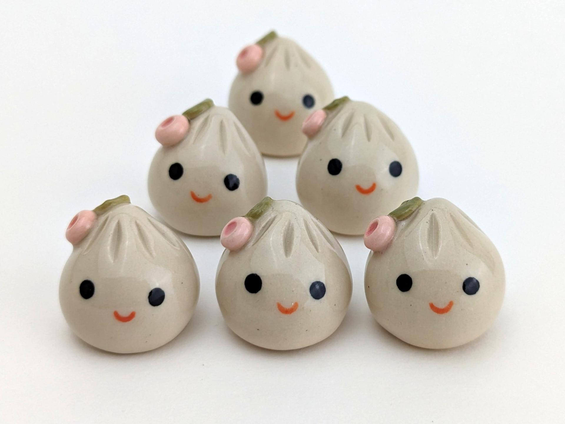 Two cute handmade ceramic dumplings w flowers. Happy soup dumplings. Foodie gift. Xiao long bao. Small-batch ceramics. Hand-painted pottery.