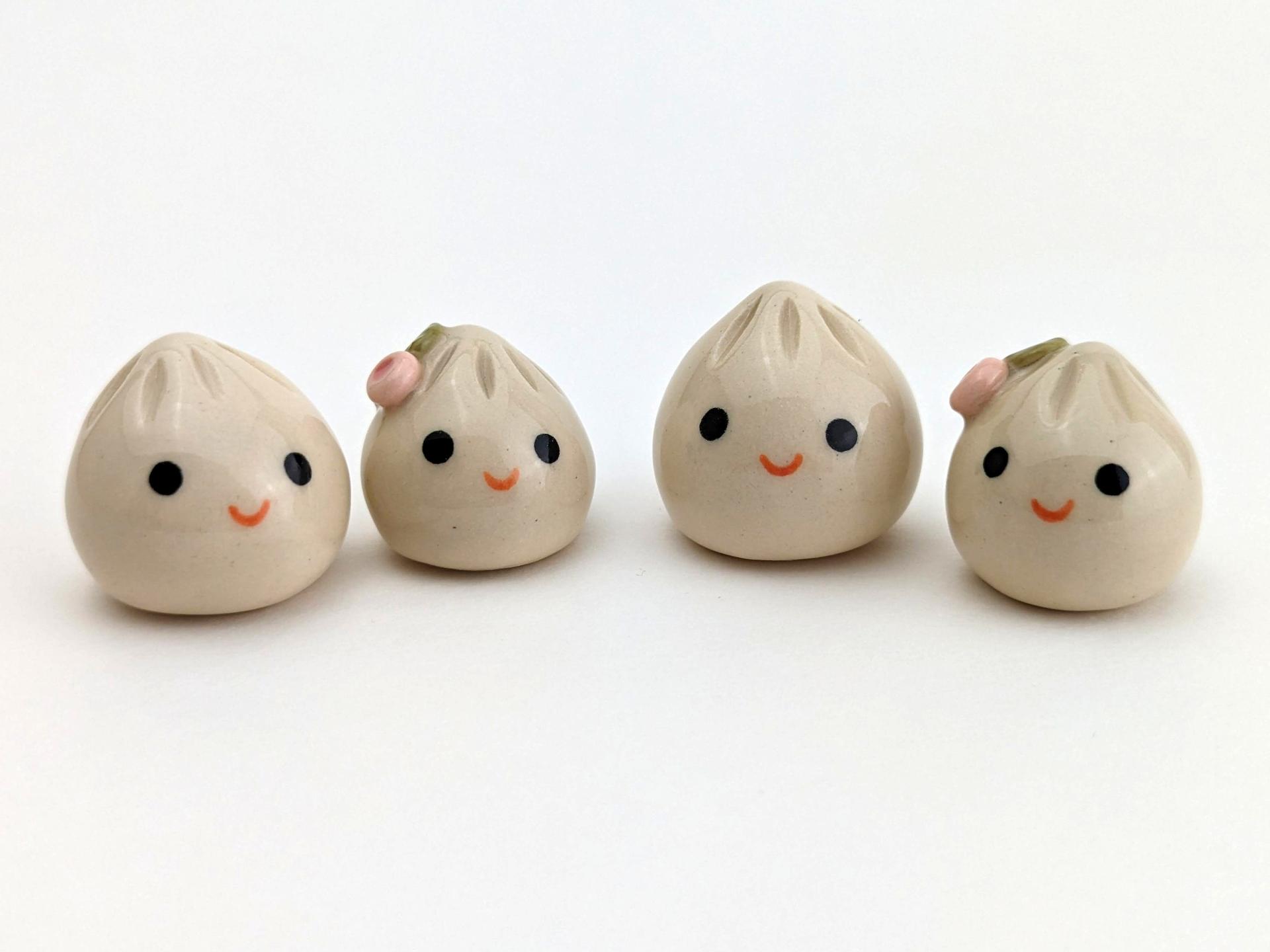 Two cute handmade ceramic dumplings w flowers. Happy soup dumplings. Foodie gift. Xiao long bao. Small-batch ceramics. Hand-painted pottery.