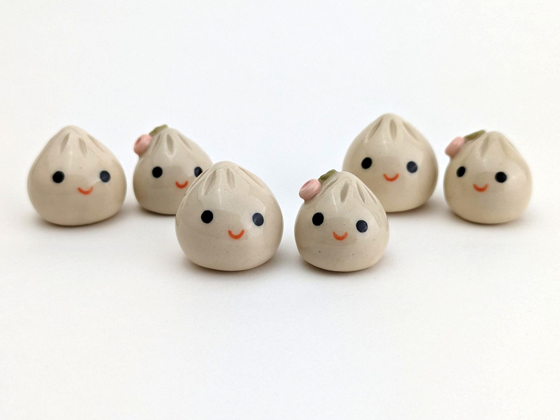 Two cute handmade ceramic dumplings w flowers. Happy soup dumplings. Foodie gift. Xiao long bao. Small-batch ceramics. Hand-painted pottery.