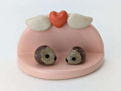 Cute, miniature ceramic altar shelf w/ hedgehogs. Adorable handmade heart w/ wings 3 piece set. Small-batch ceramics. Hand-painted pottery.