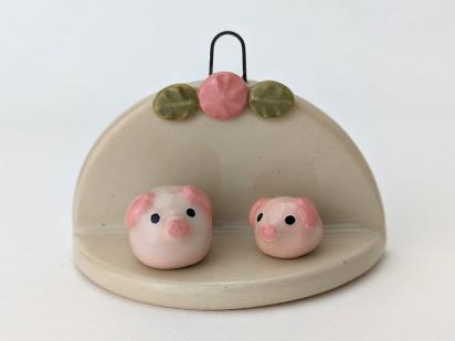 Cute, miniature ceramic altar shelf w/ pigs. Adorable handmade flower shelf 3 piece set. Small-batch ceramics. Hand-painted pottery.